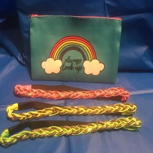 3 Neon Gold Tone Chain Headbands & Cosmetic Bag